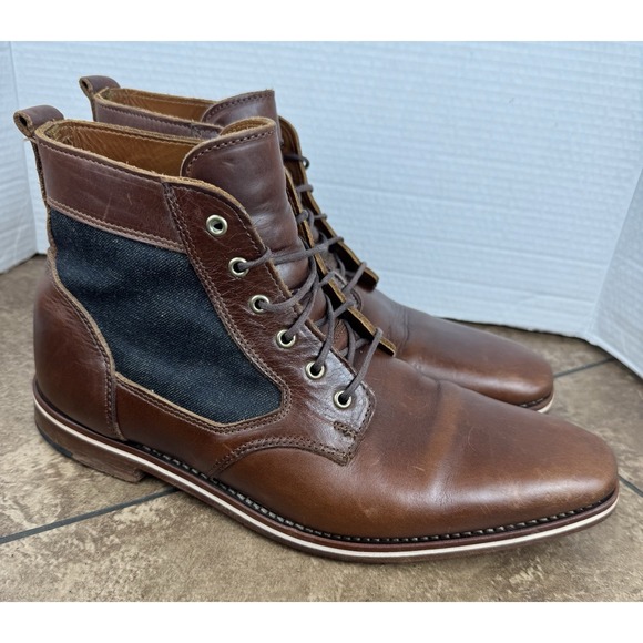 HELM Sam Lace Up Dress Boots Brown Horween Leather Blue Denim Size 11D USA Made - Picture 3 of 11